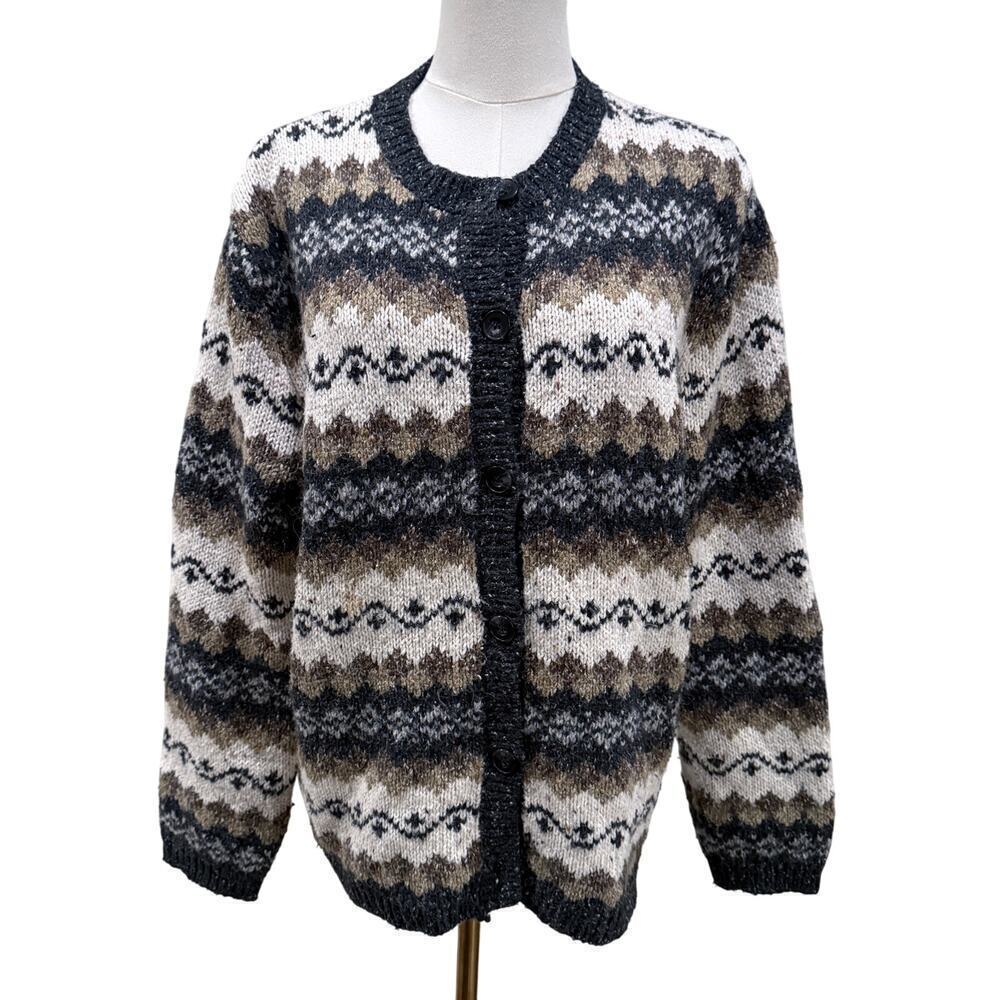 Vintage Croft Barrow Nordic Fair Isle Cardigan Sweater XL Cream Blue Wool Blend